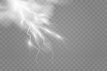 Vector image of realistic lightning. Flash of thunder on a transparent background.	