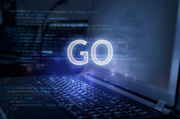 Wall Mural - go inscription against laptop and code background. technology concept.