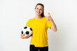 © luismolinero - Young caucasian woman isolated on white background with soccer ball and with thumb up