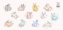 Set Of Easter Bunny In Simple One Line Style. Colored Rabbit Icon. Continuous Line Drawing Of Easter Rabbit Black And White Minimalist Hand Drawn Vector Illustration. Isolated On White Background.