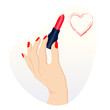 Hand with red manicure holding red lipstick. Drawn red heart. Makeup. Vector illustration.