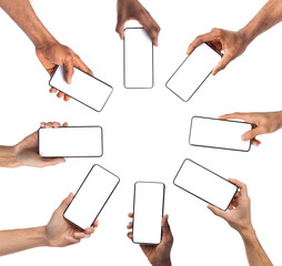 People showing smartphone with empty screens in circle, closeup