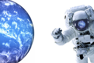 Wall Mural - single space astronaut with blue habitable planet reflection on his glass of the helmet isolated on 