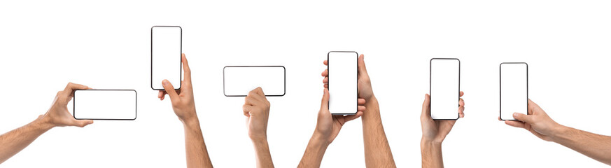 Wall Mural - Male hands holding smartphone with blank screen in different orientation