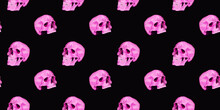 Seamless Pattern For Fabric Design, Wallpaper. Neon Pink Skulls On A Dark Background. Manual Drawing, Mystical Illustration.