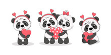 Set Of Cute Cartoon Pandas Isolated On White.Panda With Heart For Your Design Valentine's Day, Birthday, Mother's Day, Wedding. Vector Illustration