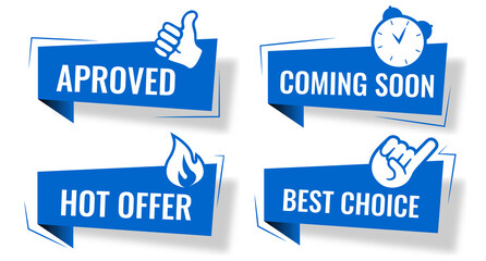 Blue stickers. Paper sticker set, badges vector templates. Coming soon. Best choice. Hot offer. Aproved	