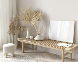 Sticker - mockup with a horizontal frame on a bench in a beige interior