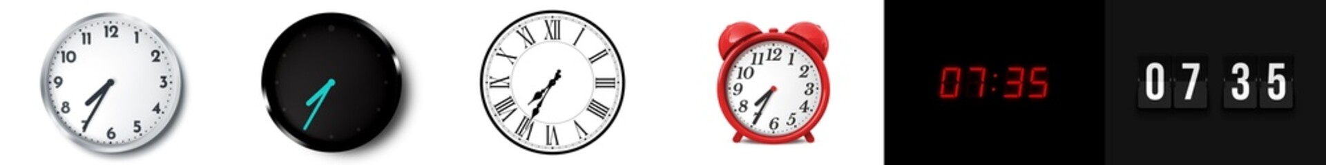 07:35 (AM and PM) or 19:35 time clock icons