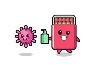 Wall Mural - illustration of matches box character chasing evil virus with hand sanitizer