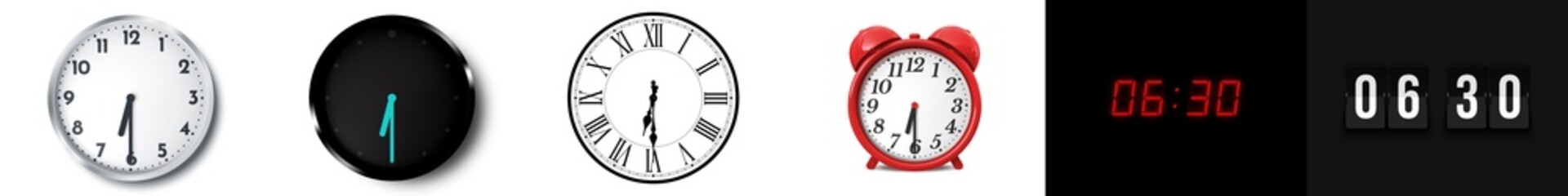 06:30 (AM and PM) or 18:30 time clock icons