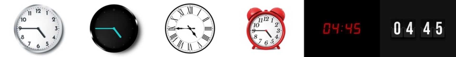 04:45 (AM and PM) or 16:45 time clock icons