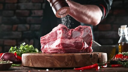 Wall Mural - Super slow motion of chef grinding salt on beef steak. Filmed on high speed cinema camera, 1000 fps.  Meat preparation in kitchen.