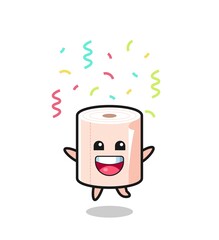 Sticker - happy tissue roll mascot jumping for congratulation with colour confetti