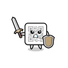 Wall Mural - cute qr code soldier fighting with sword and shield