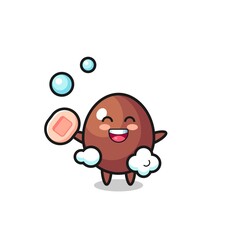 Poster - chocolate egg character is bathing while holding soap