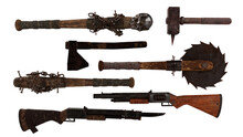Collection Of Fantasy Zombie Apocalypse Weapons. 3D Rendering Isolated On White Background.