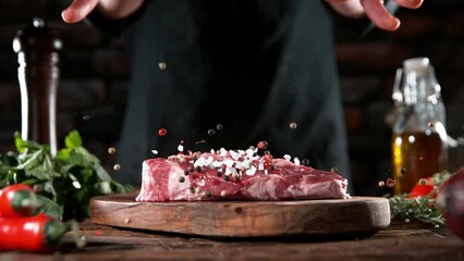 Wall Mural - Super slow motion of chef throwing spices on beef steak. Filmed on high speed cinema camera, 1000 fps.  Meat preparation in kitchen.