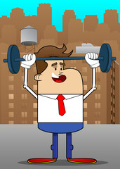 Wall Mural - Simple retro cartoon of a businessman weightlifter lifting barbell. Professional finance employee white wearing shirt with red tie.