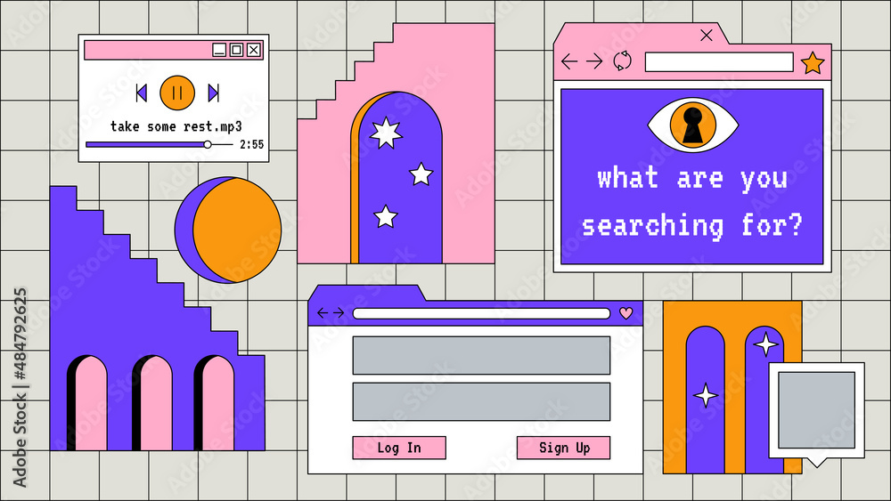 Abstract old aesthetic magic background. Linear vaporwave retro desktop ...