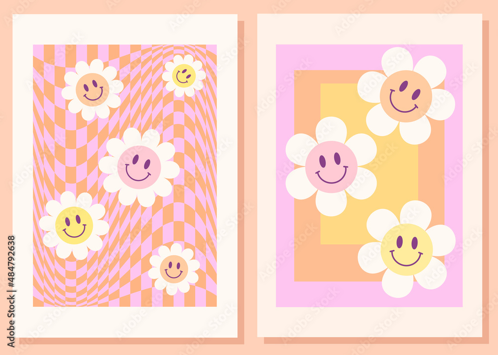 Happy hippie art prints. Abstract retro aesthetic backgrounds set 