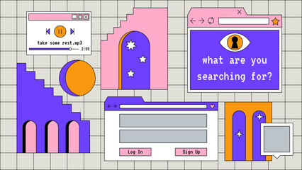 Abstract old aesthetic magic background. Linear vaporwave retro desktop wallpaper. Modern vintage comic illustrations. Trendy, nostalgic, colorful style 80s, 90s. Retro PC windows interface