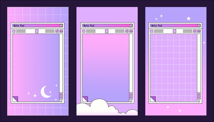Linear vaporwave Ig stories templates. Social media set design. Abstract retro aesthetic art pack 80s, 90s style. Retro PC Notepad windows interface. Japanese nostalgic dream backgrounds.