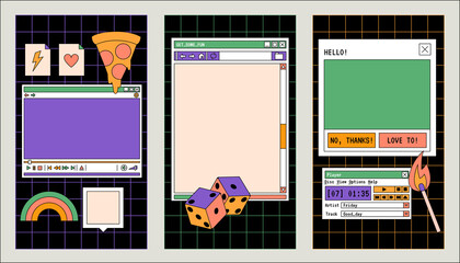 Linear vaporwave Ig stories templates. Social media set design. Abstract retro aesthetic fun groovy backgrounds pack 70s, 80s, 90s style. Retro PC windows interface. Comic illustrations