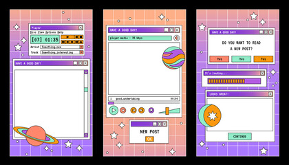 Linear vaporwave Ig stories templates. Social media set design. Abstract retro aesthetic groovy backgrounds pack 70s, 80s, 90s style. Retro PC windows interface