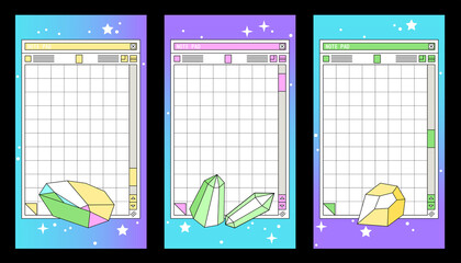 Linear vaporwave Ig stories templates. Social media set design. Abstract retro aesthetic magic backgrounds pack 80s, 90s style. Retro PC Notepad windows interface