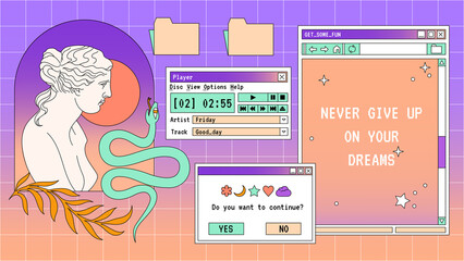 Abstract old aesthetic magic background. Linear vaporwave retro desktop wallpaper. Modern vintage comics illustrations. Trendy, nostalgic, colorful style 80s, 90s. Retro PC windows interface