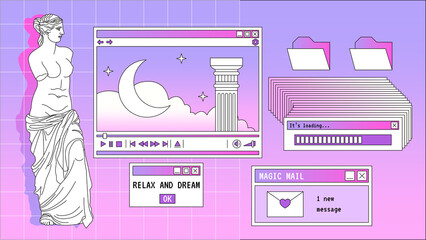 Abstract old aesthetic dream background. Linear vaporwave retro desktop wallpaper. Modern vintage comic illustrations. Trendy, nostalgic, colorful style 70s, 80s, 90s. Posters, social media posts.