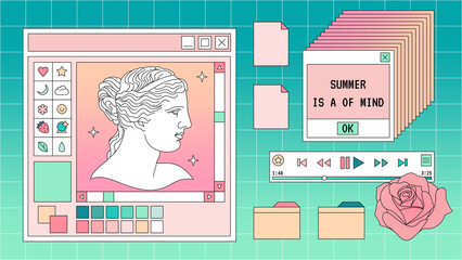 Abstract old aesthetic background. Linear vaporwave retro desktop wallpaper. Modern vintage comics illustrations. Trendy, nostalgic, colorful style 80s, 90s. Retro PC windows interface