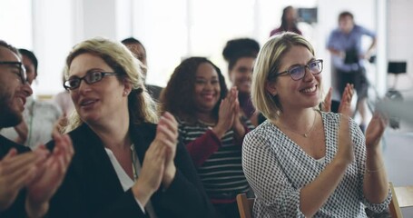 Sticker - Presentations that inspire passion. Diverse group of business people smiling and clapping with a standing ovation at a conference, applauding during a corporate training seminar meeting