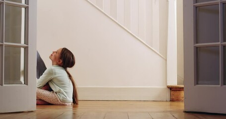 Poster - Where you go, I go. Cute little girl grabbing her father’s leg as he’s leaving home. Child separation, divorce and anxiety