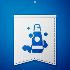 Poster - Blue Bottle of shampoo icon isolated on blue background. White pennant template. Vector