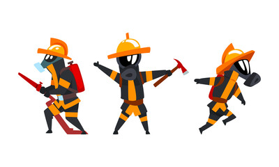 Sticker - Firefighter in Protective Outfit and Water Hose Extinguishing Fire Vector Set