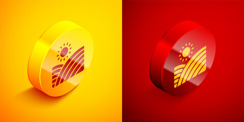 Sticker - Isometric Vineyard wine grapes hills farm icon isolated on orange and red background. Vine plantation hills landscape. Circle button. Vector