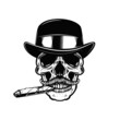 Skull in vintage hat and with cigar. Design element for poster, card, banner, sign. Vector illustration