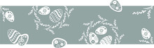 Easter Eggs Nest Monochrome Header With Silhouettes Of Decorated Eggs And Twist With Flowers. Happy Easter Vector Design 