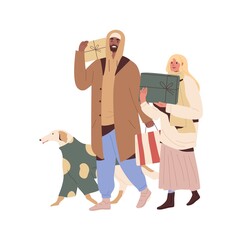 Poster - Couple and dog walking and carrying gift boxes for winter holidays. Happy man and woman going, holding Christmas presents and shopping bag. Flat vector illustration isolated on white background