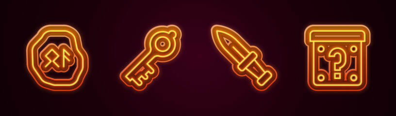 Wall Mural - Set line Magic runes, Old magic key, Dagger and Mystery box. Glowing neon icon. Vector