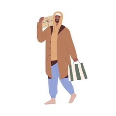 Poster - Happy man walking with holiday gift box and shopping bag. Guy going and carrying Christmas presents. Person holding winter giftbox in hand. Flat vector illustration isolated on white background