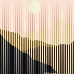 Wall Mural - Poster with mountain landscape  and sunset in boho art style  .Minimal design with line elements . Trendy brochure . Mountain peak .Wall art .Vector illustration .