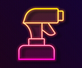 Sticker - Glowing neon line Paint spray gun icon isolated on black background. Vector