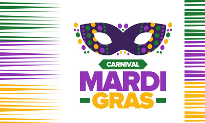 Mardi Gras Carnival in New Orleans. Fat Tuesday. Traditional folk festival with parade and celebration. Annual holiday. Costume masquerade, fun party. Carnival mask. Poster, card, banner. Vector