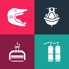 Poster - Set pop art Aqualung, Ski lift, Jet ski and Motocross motorcycle helmet icon. Vector