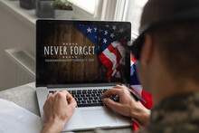 Writing Note Showing Veterans Day. Business Photo Showcasing A Public Holiday To Honour US Veterans And Victims Of All Wars Woman With Laptop Smartphone And Office Supplies Technology.