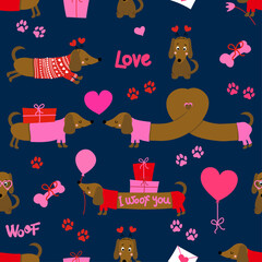 Wall Mural - Dog pattern design with several dachshunds - funny hand drawn doodle, seamless pattern. Lettering poster or t-shirt textile graphic design. wallpaper, wrapping paper, background. Modern doodle Style 