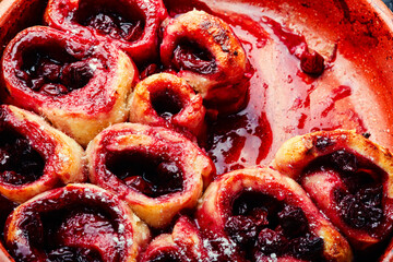 Sticker - Curd pie with cherries, close up